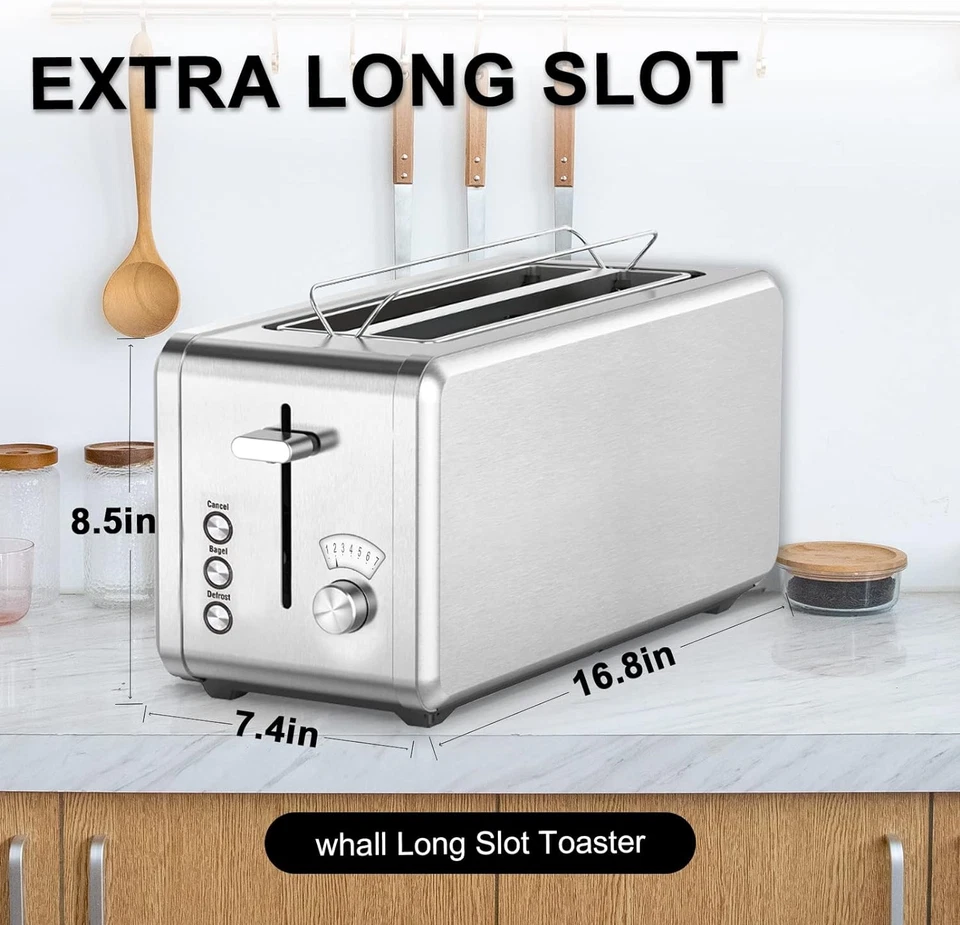 WHALL Long Slot Toaster 4 Slice Brushed Stainless Steel Toaster, 7 Toast Setting - Image 4 of 4