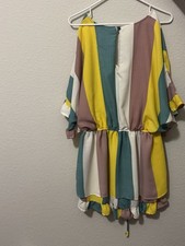 Caramilla Striped Chiffon Mini Dress Ruffle Drawstring Short Sleeve Size L