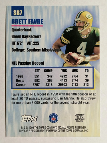 1999 Topps Season's Best #SB7 Brett Favre - Picture 2 of 2