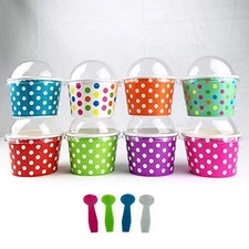 Worlds Paper Ice Cream Cups With Dome Lids No Hole And Plastic Spoons,Polka D...