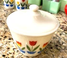 Vintage Fire King Splatter-Proof  Ivory Tulip Grease Bowl with Lid - 5.5" - MCM