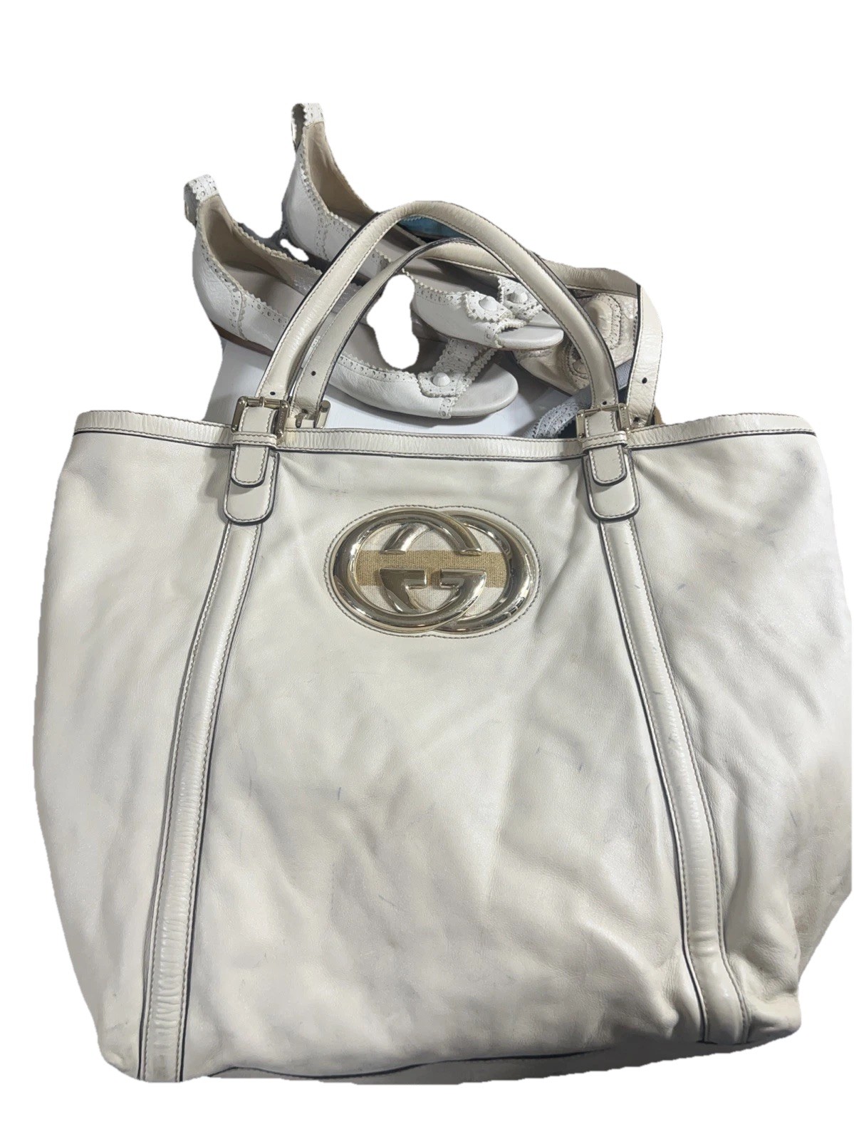Gucci XL Ivory Leather Tote Bag with Gold GG Logo Large Shopper Handbag-image