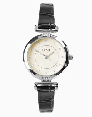 Limit Classic 27 mm Damen runde silberne Analoguhr mit schwarzem Armband UVP 24,99 £