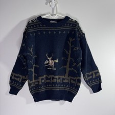 Uh Oh Vintage Deer Buck Sweater Youth Large 10/12 Navy Scenic Cabin Acrylic