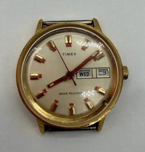 Timex Marlin Watch Men 35mm Cream Dial Gold Tone Daydate Manual Wind Runs VTG