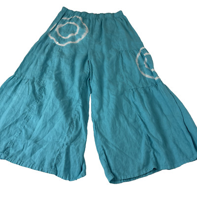 Match Point Crop Pant Womens XL Blue 100% Linen Wide Leg Pull On Boho beachy
