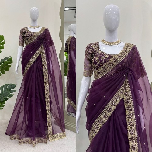 Latest New Launching Organza Silk Saree With Blouse For Women & Girls Wear - Picture 4 of 11