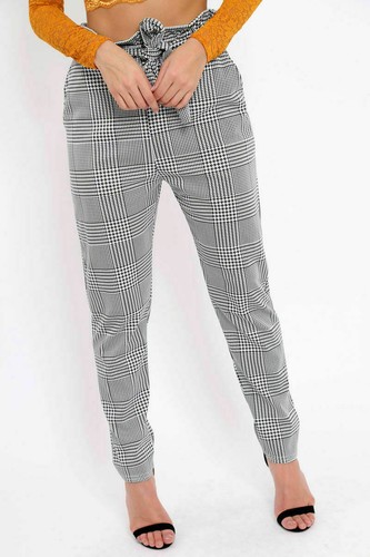Ladies Hound Tooth Paper Bag Tie Waist Tailored Cigarette Leggings Trousers - Picture 4 of 6