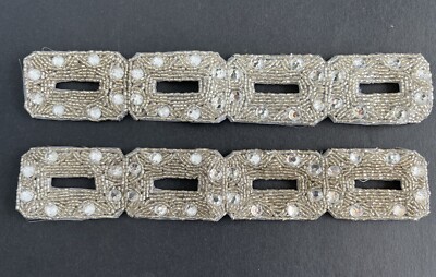 Vintage Perlen Strass bestickt Silberborte geschlitzt 25 cm Art Deco Stil