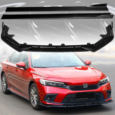Gloss Black Front Bumper Lip Splitter+Side Skirts For 2022+ Honda Civic LX EX Si