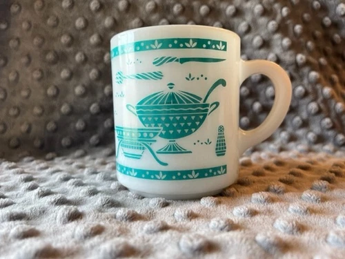 Vintage HAZEL ATLAS KITCHEN AID Blue Turquoise Milk Glass Handled Coffee Mug