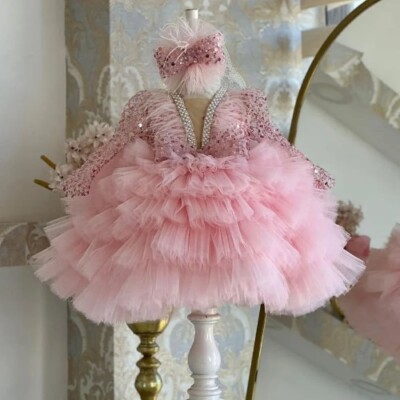 V-neck Sequin Long Sleeved Girl's Dress Performance Runway Mesh Cake Dress