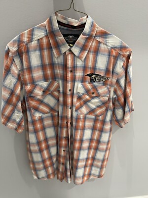 Harley Davidson XL   % Cotton Performance Power Plaid Graphic Back Shirt Orange