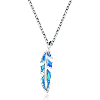 Hawaii Beach Blue Fire Opal  Feather Necklace Silver Filled For Women Girls
