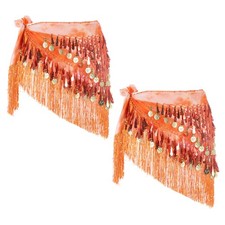 Belly Dance Hip Scarf with Tassels Sequin Coin for Party Orange, Pack of 2