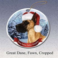Holiday Pet Gifts Great Dane Cropped Fawn Santa Hat Dog Porcelain Ornament