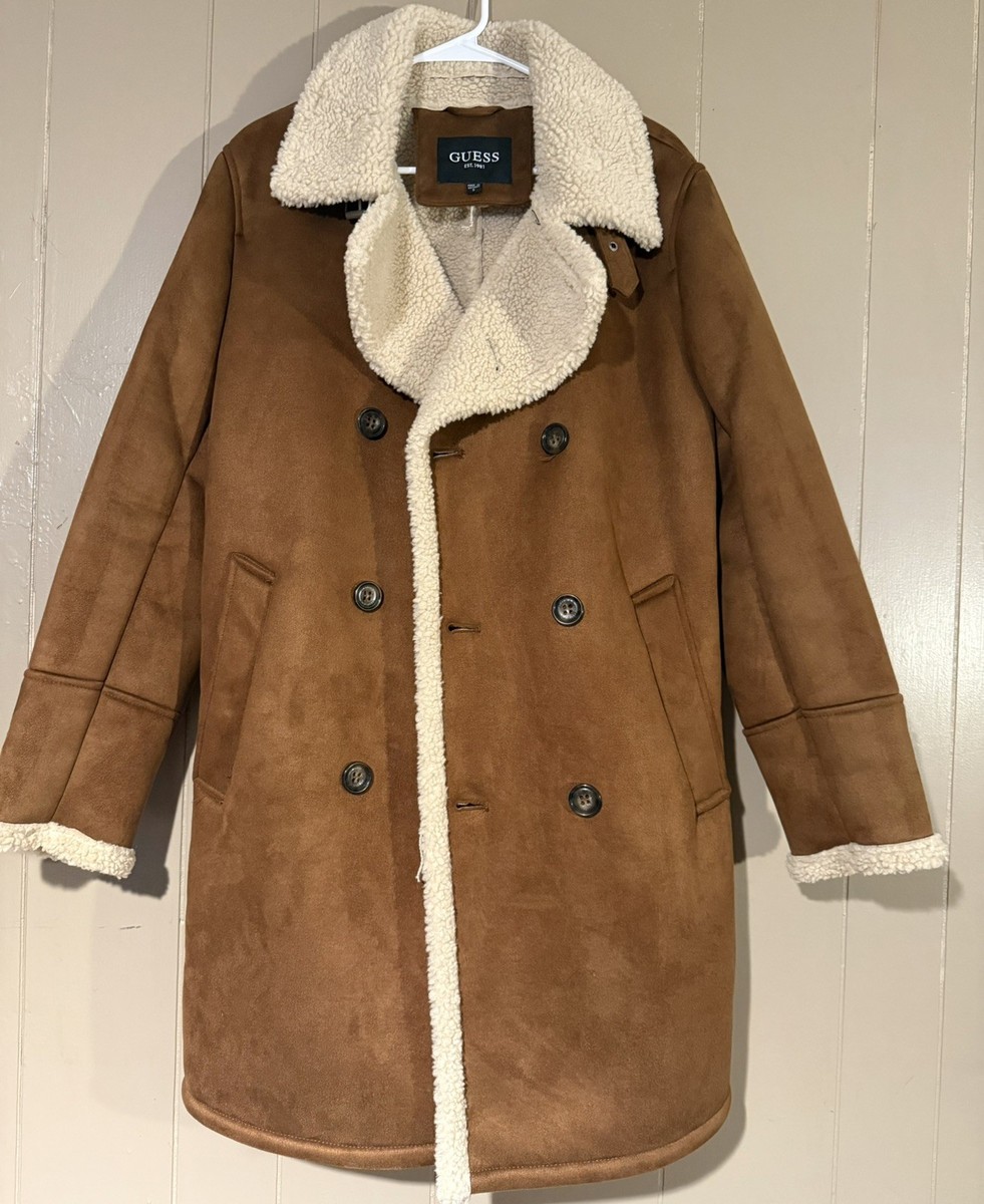 $350 Guess Men's Brown Button Up Double Breasted Faux-Shearling