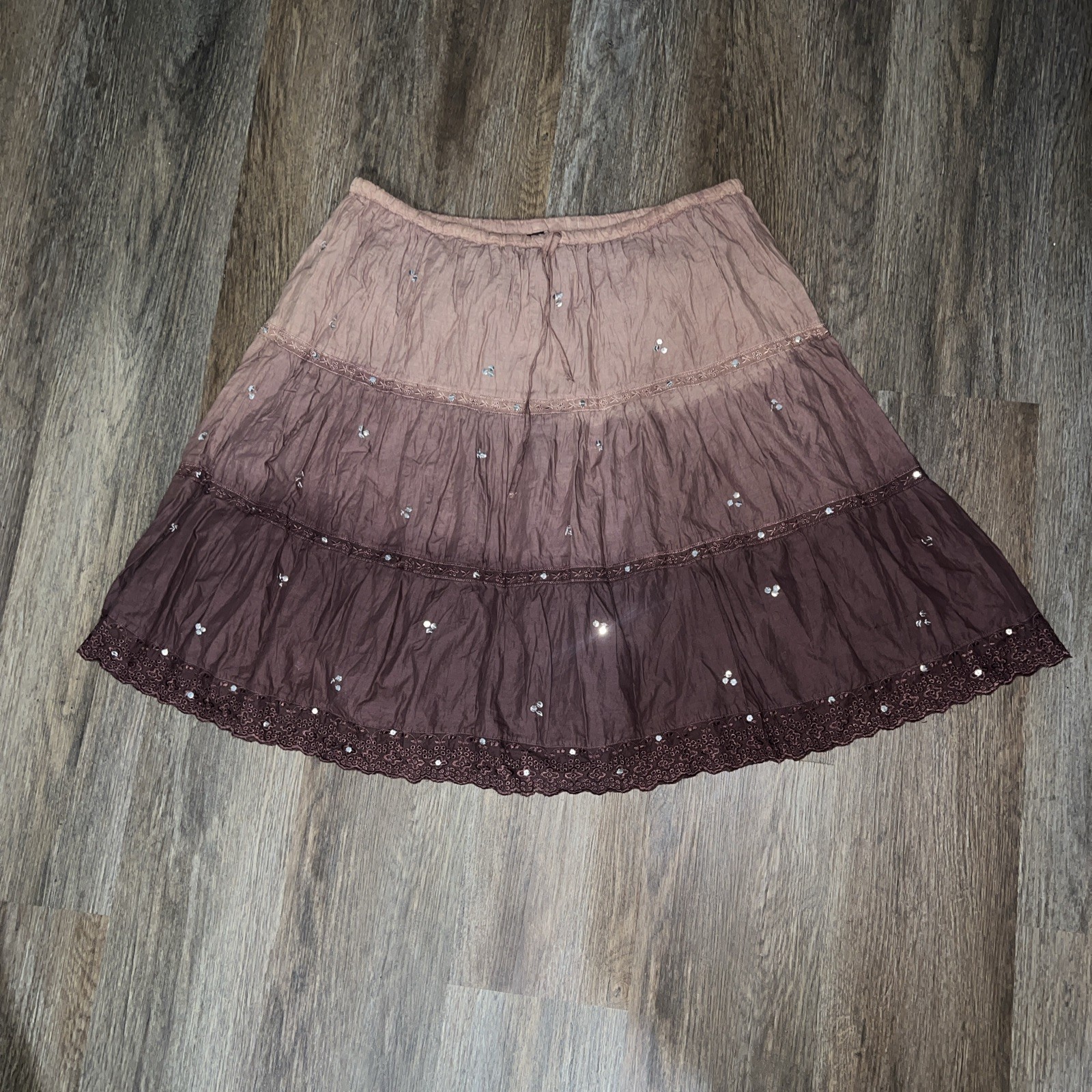 Women's Cotton Ombré Tiered Skirt with Beaded Sequin Embroidery and Drawstring Waist