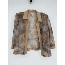 Kathy Ireland Textured Floral Print Open Front Cardigan Jacket Beige Sz 10P