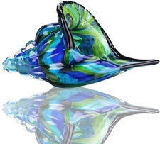 QFkris 8" Glass Conch Figurines, Hand Blown Seashell Art Blue 