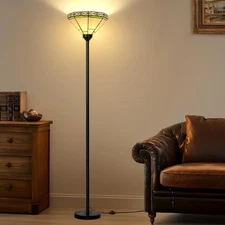 Tiffany Floor Lamp, Tochiere Standing Lamp with Stained Glass Shade, Black 