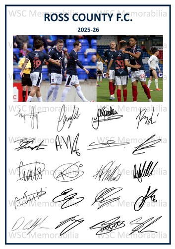 11900. 2025-26 Ross County Signed Team Photo Sheet (PRINTED AUTOGRAPHS - A4)