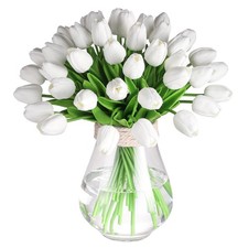 30 Pcs Artificial Tulips PU Faux Flowers, White Real Touch Fake Tulips for Va...