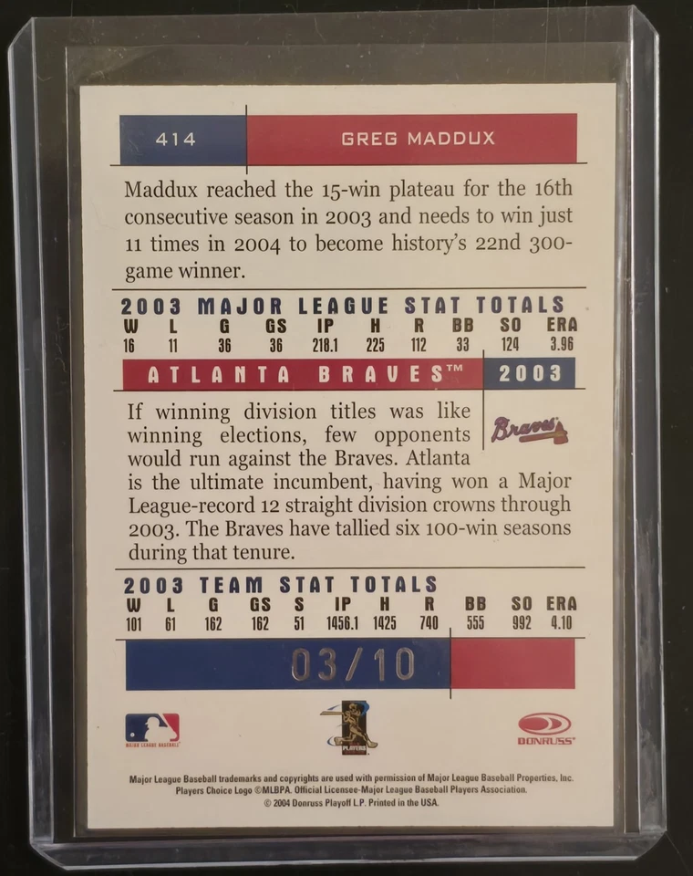 Donruss Team Heroes Greg Maddux Gold Showdown 2004 #414/10 SSP HOF Braves raro Foto 3 de 4
