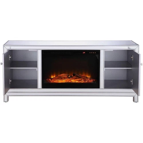 Elegant Decor Modern 60" Mirrored Faux Log Fireplace TV Stand in Antique Silver - Picture 4 of 10