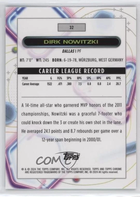 2023-24 Topps Cosmic Chrome Green Space Dust Refractor /75 Dirk Nowitzki #32 HOF - Image 2 of 2