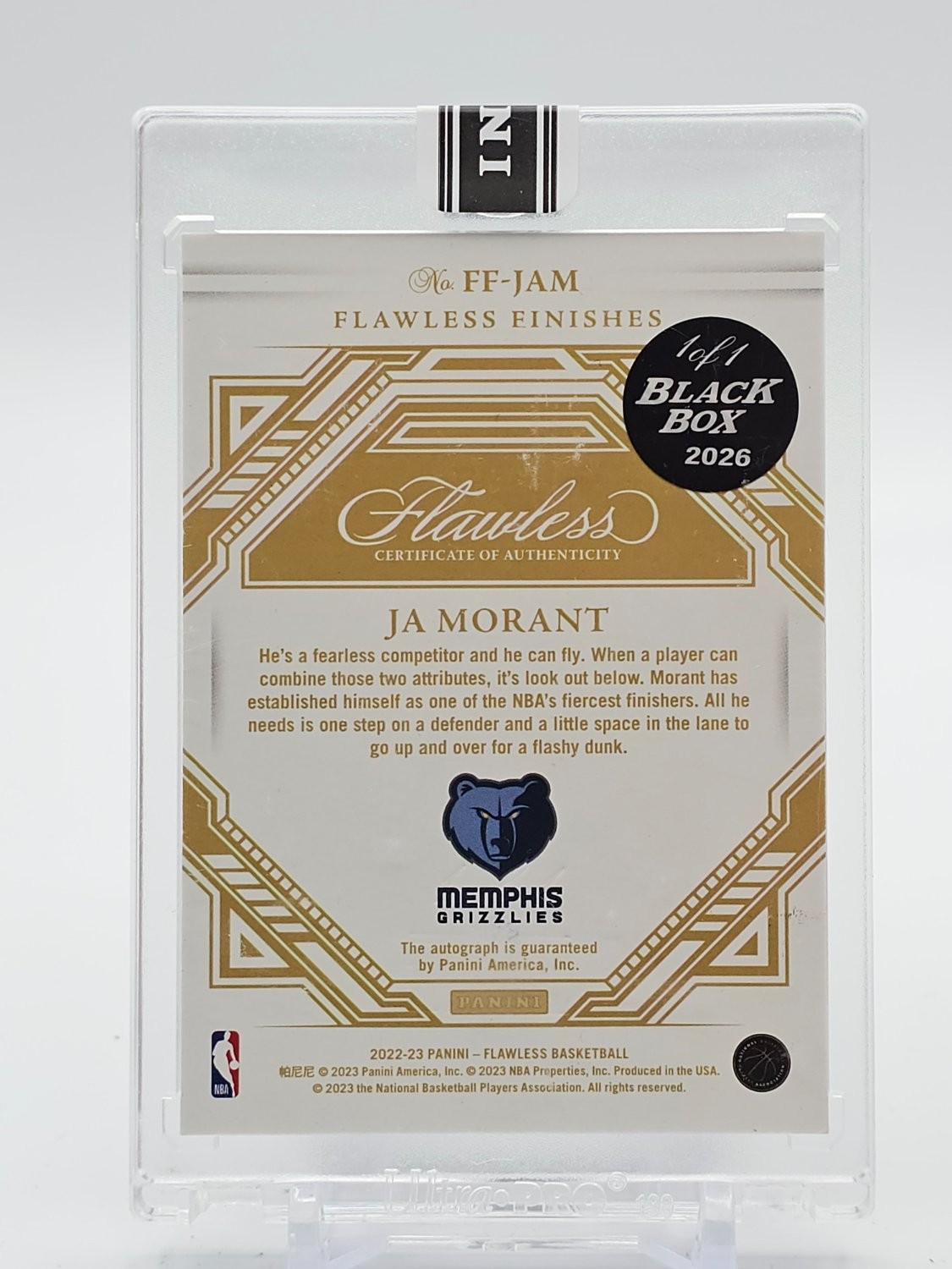 JA MORANT 2022-23 FLAWLESS FINISHES BLACK BOX AUTO 1/1 #FF-JAM GRIZZLIES Q3420 view 2