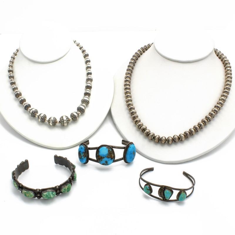 Southwest Sterling Turquoise Bench Bead 18-29in Necklace Cuff Lot of 5 #S5571-3