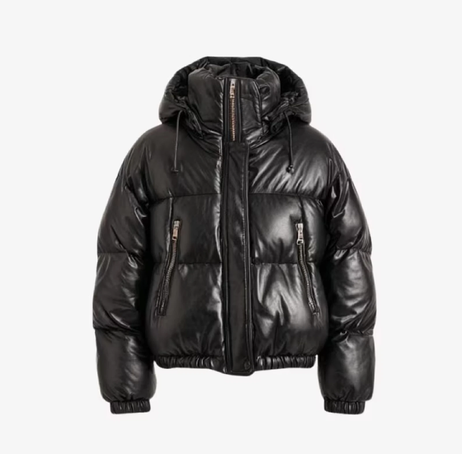 Men’s Black Leather Puffer Jacket Real Leather Hooded Bubble Coat Quilted Winter