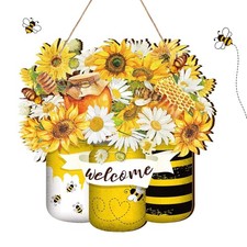 Yellow Bee Welcome Sign Front Door Hanger Summer Hanging Home Decoration