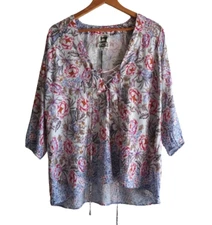 Jaase Sz XS Lace Up Tie Long Sleeve Floral Palas Blue Bell Blouse NEW