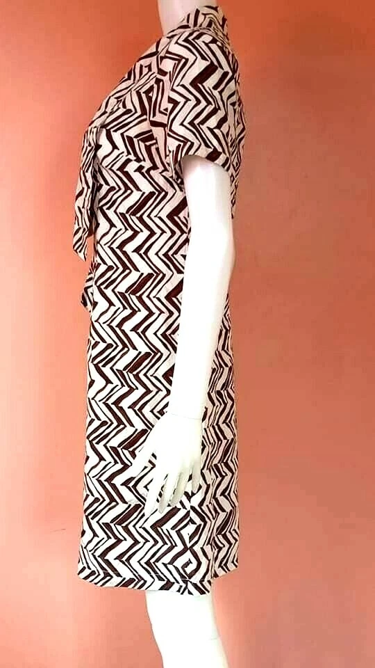 MARNI H&M 领带-FRONT 雪佛龙印花丝绸连衣裙棕色/象牙色 US 4 码 — 第 2/4 张图片