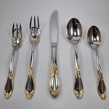 Yamazaki Cache Stainless Gold Accent Japan Flatware 5 Piece Place Setting Set