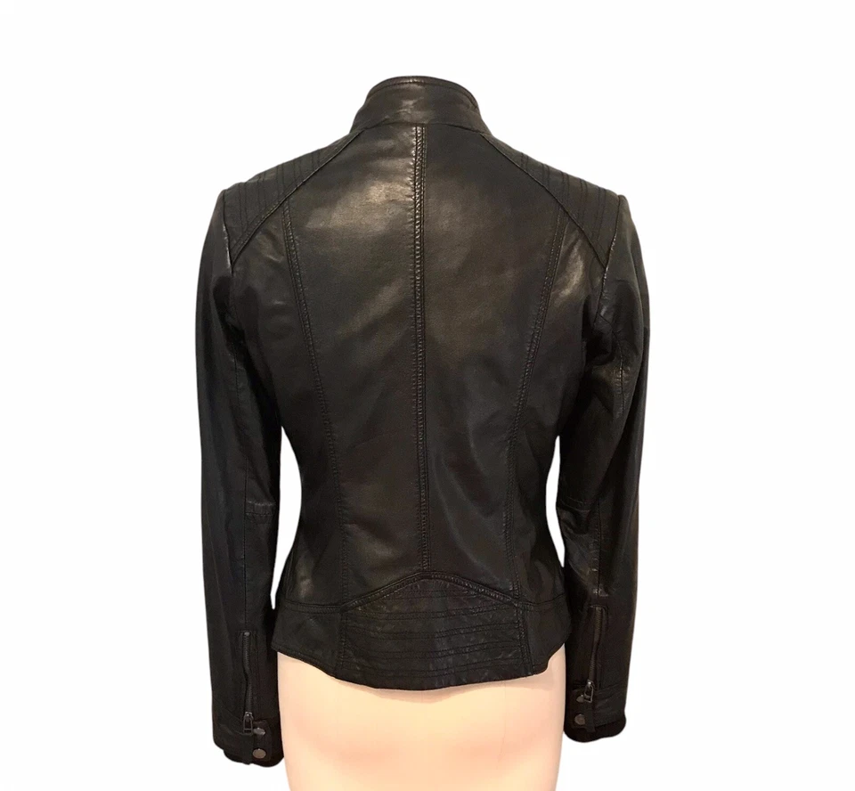 Bod & Christensen Black Leather Cafe Racer Jacket Zippers Lined Women’s Sz S - Image 3 of 4