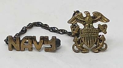 U.S. NAVY Eagle Double Anchor 2 Pin W/Chain Sterling Silver Goldtone VTG RARE G1
