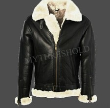 Men's Black Bomber Leather Jacket Genuine Sheepskin Aviator Fur B3 Bomber