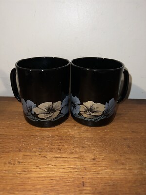 Vintage Set of 2 Luminarc Arcoroc Julie Coffee Cups Black Glass France Floral 