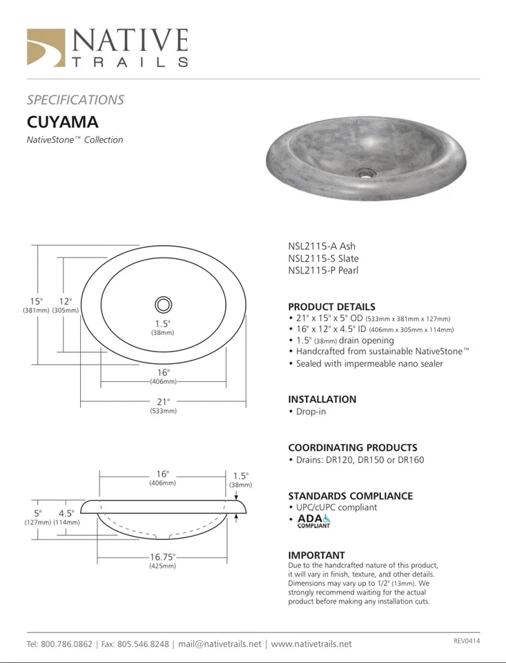 Native Trails NSL2115-A Cuyama 21"Oval Concrete Drop In Bathroom Sink Ash Finish - Image 3 of 3