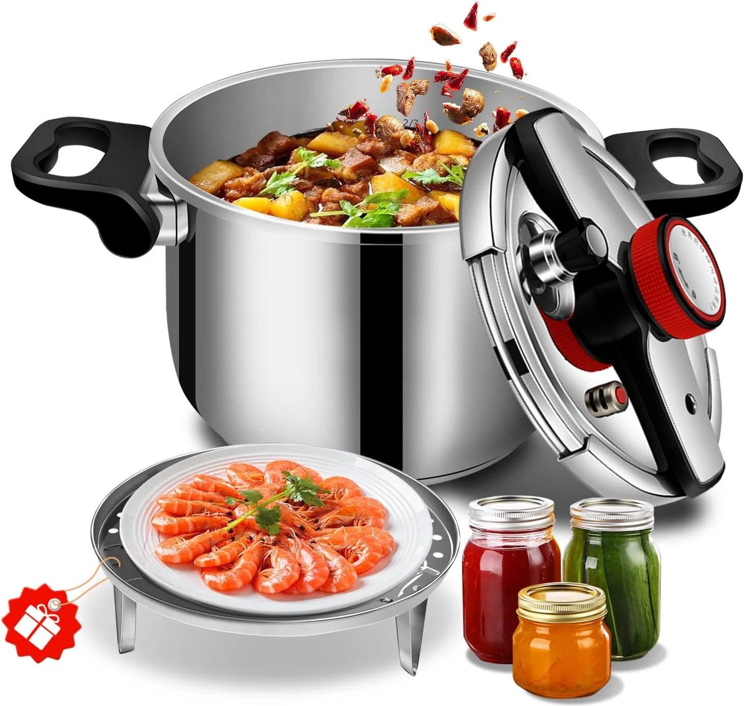 8 Qt Stainless Steel Pressure Cooker - Fast Cooking, Dishwasher Safe