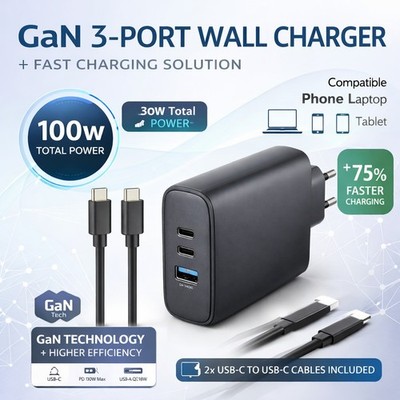 GaN 3-Port Ladegerät 100W USB-C USB-A Schnelllader mit Kabel Netzteil