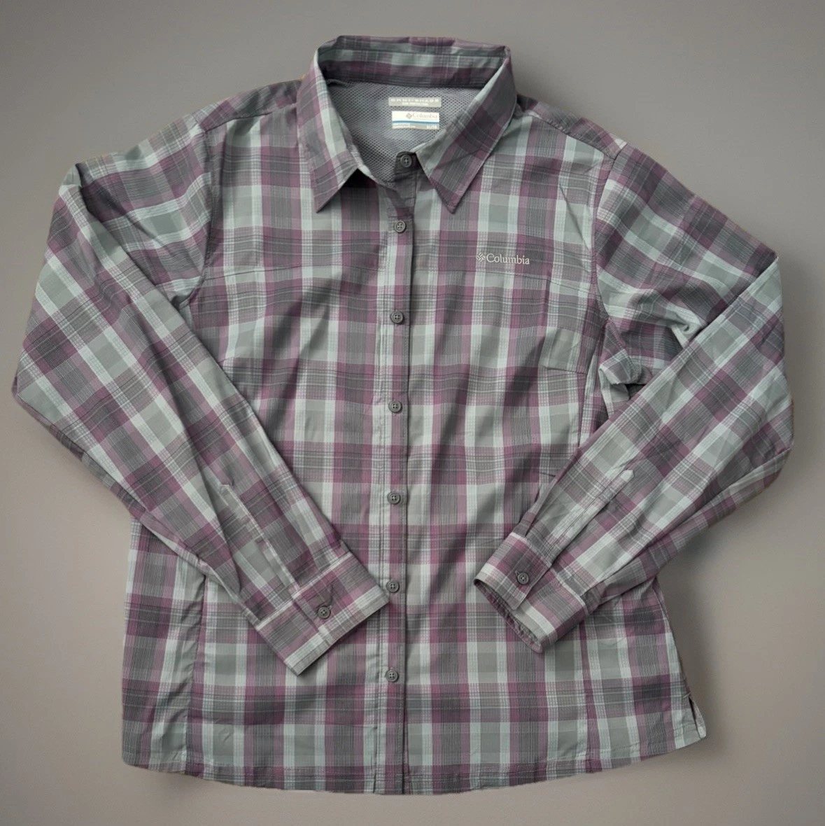 Columbia Omni Shade Long Sleeve Button Up Shirt Purple Plaid Pocket Logo XL JBHS
