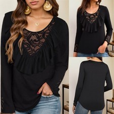 Women Round Neck Long Sleeve Lace Tops Ladies  Solid Casual Loose T Shirt Blouse