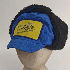 Vtg Columbia Eagle Pack Pet Food Blue Fleece Lined Ear Flap Trapper Hat L/XL 