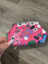 Pink Floral Fabric Coin Purse Kiss Lock Clasp Small Change Wallet Pouch