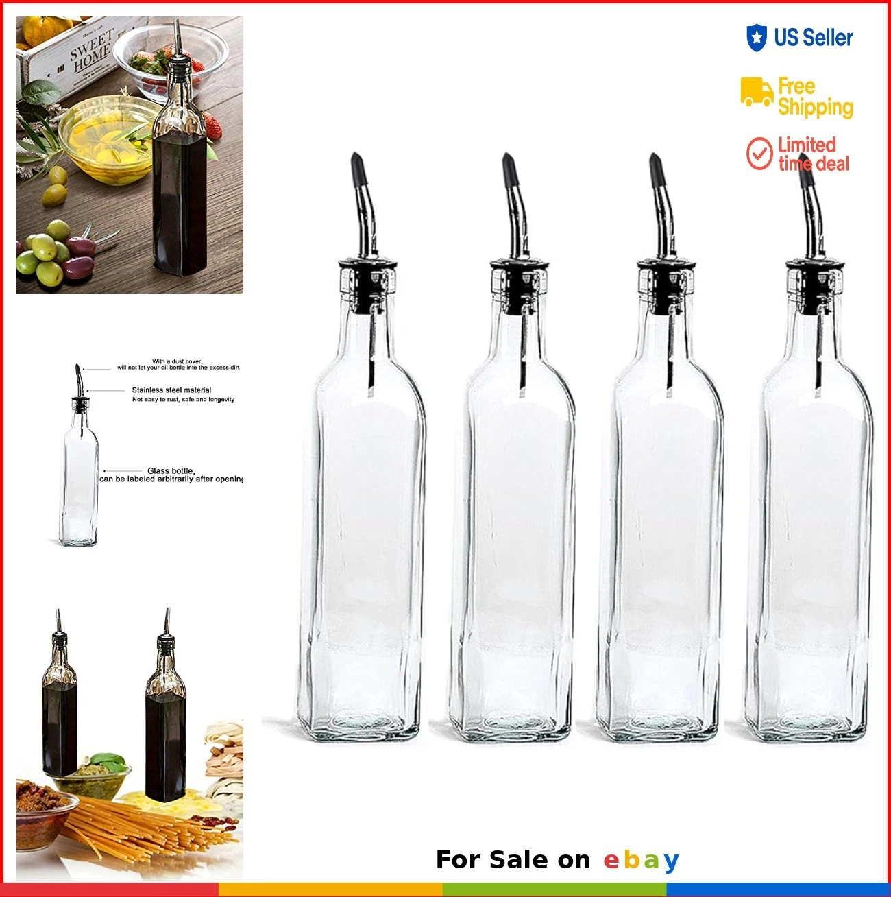 Oil Dispenser Bottles 4 Pack 16oz Glass Precise Pour Non-Drip Leak Proof For