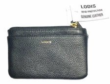 Lodis Black Pebbled Leather Change Coin Purse Wallet RFID Zip Top Side Pockets